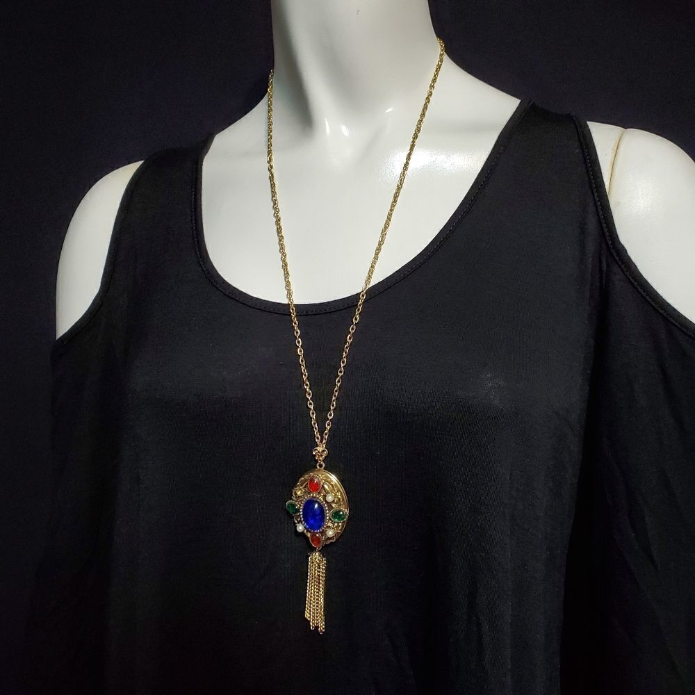 Vintage Steampunk Gold Tone Tassel Locket Necklace